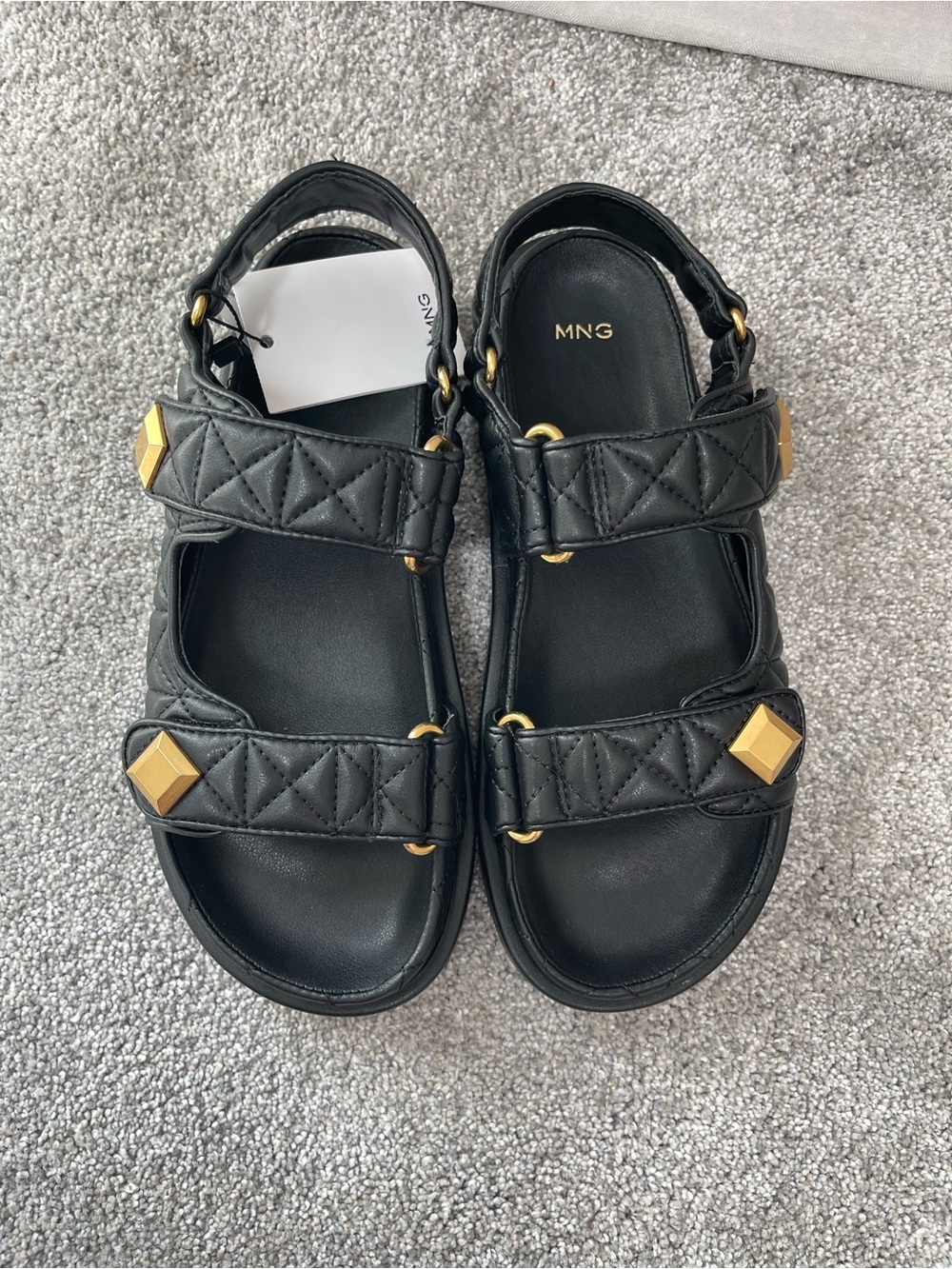 Mango Velcro Padded Black Quilted Leather Sandals with Gold Studs